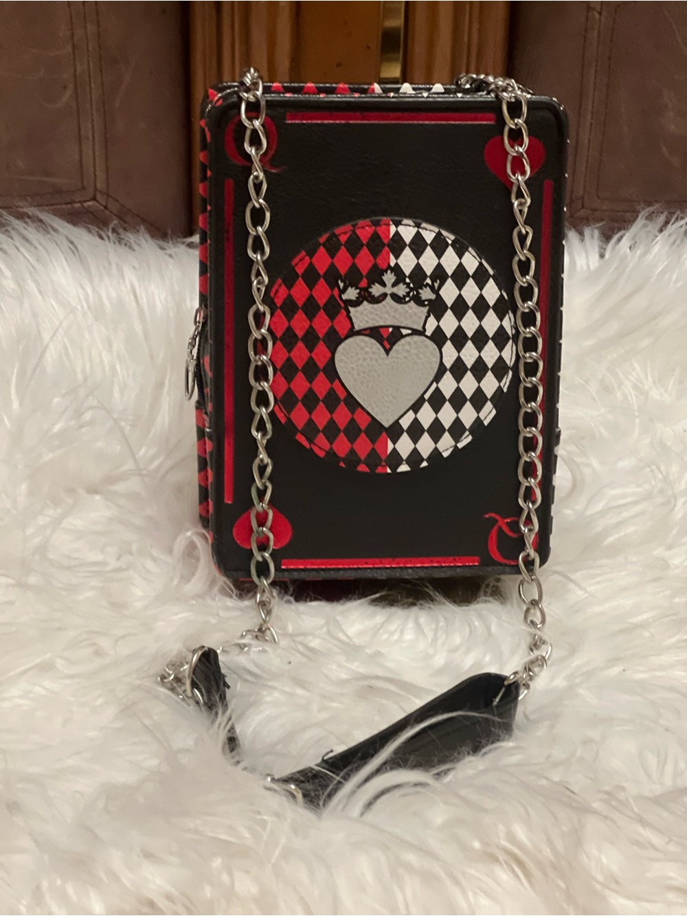 Queen Of Hearts Crossbody Playing Card Crown Black Red Gothic emo crossbody bag